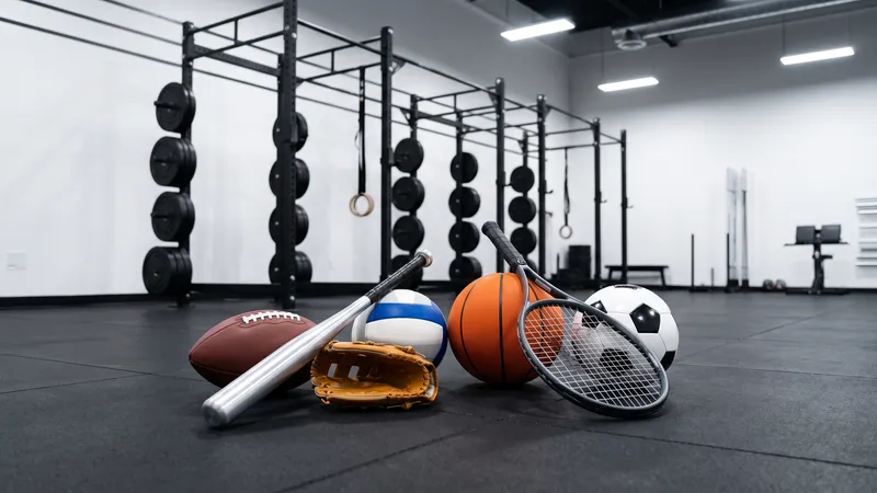 A football, baseball bat and glove, volleyball, basketball, tennis racket, and soccer ball on the floor of a bright CrossFit gym